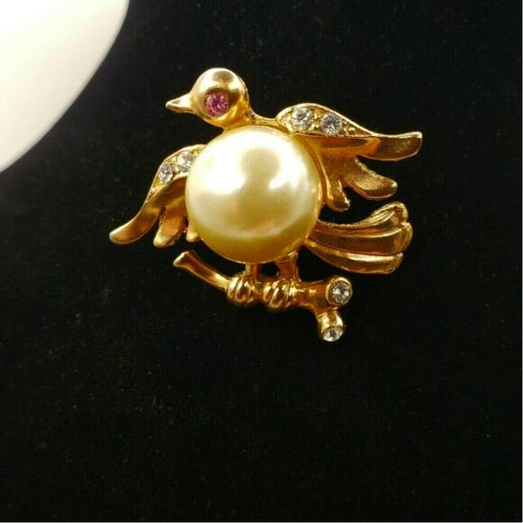 Retro Bird Pin Pearl Body Belly Brooch Gold Vermeil Animal Vtg Perched Branch - Picture 4 of 7